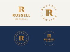 the logo for russell law firm, which has been designed to look like it is in gold