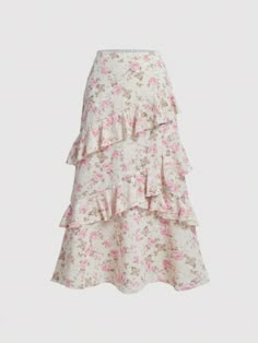 Apricot Boho Collar  Woven Fabric Floral,All Over Print Layered/Tiered Embellished Non-Stretch  Women Clothing Long Skirts Ruffles, Plus Size Floral Skirts, Plus Size Cottagecore Skirts, Ditsy Floral Skirts, Vintage Long Floral Skirt, High Waisted Skirt Floral, Floral Skirts For Fall, Retro Floral Skirt, Toll Skirts