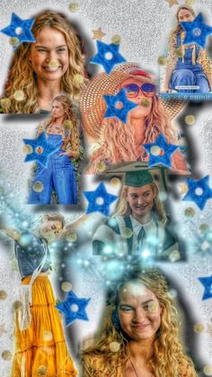 the collage shows many different images of women in hats and dresses, with stars on them