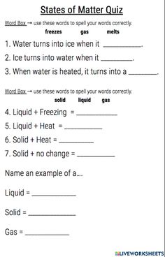 the states of matter quiz is shown in this worksheet for students to learn