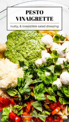 Pesto Vinaigrette over salad ingredients. Basil Pesto Salad, Pesto Salad Dressing, Lemon Salad Dressing, Vegan Dressing Recipes, Healthy Dressing Recipes, Homemade Salad Dressings, Pesto Vinaigrette, Easy Salad Dressing Recipes, Salad With Balsamic Dressing