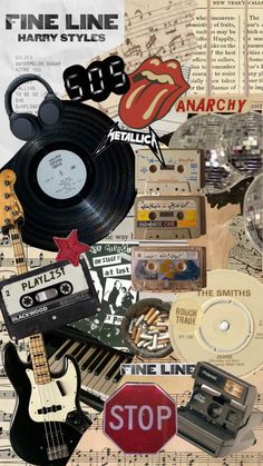 a collage of music memorabilia including an electric guitar, record player and other items