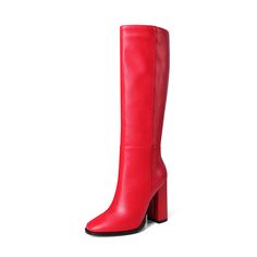 Shop Red Round Toe Heeled Dress Mid Calf Boots Knee High Boot color Red for  with worldwide Free shipping & Free return. Red Fitted Leather Heeled Boots, Dancing Club, Boots Knee High, High Heel Boots Knee, Round Toe Heels, Mid Dresses, Boots Knee, Calf Boots, Shoe Size Chart