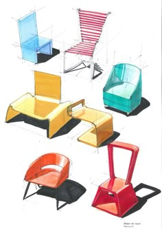 a drawing of different colored chairs in various shapes and sizes, with one chair facing the other