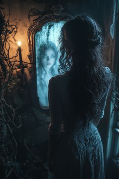 a woman standing in front of a mirror with her hair blowing back and looking at herself