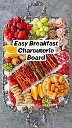 the breakfast board with bacon, fruit and other foods on it is featured in this book