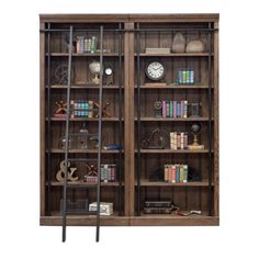 an old bookcase with many books and other items on it, including a ladder