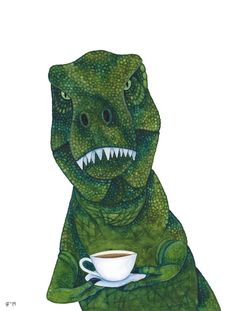 a drawing of a dinosaur holding a cup of coffee