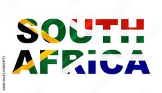 the word south africa painted in colors of the national flag, on a white background