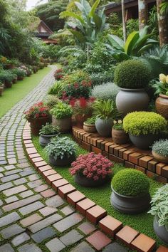 a garden filled with lots of different types of flowers and plants in large vases