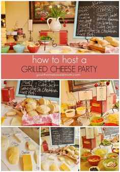 the cover of how to host a grilled cheese party with pictures of food and drinks