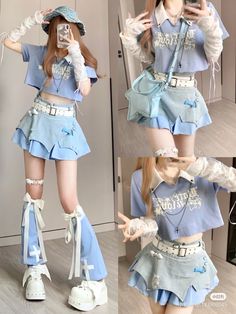 Kawaii Outfit Ideas, Patchwork Dress, Blue Outfit, Kawaii Clothes, Chic Fashion, Mode Inspiration