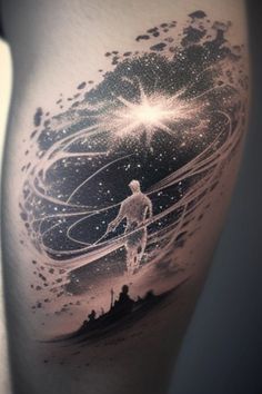 a man's thigh with an artistic tattoo design on his leg and the sky in the background