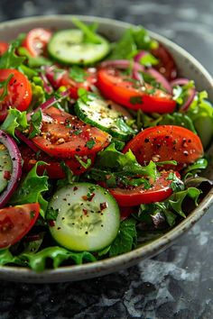 a salad with tomatoes, cucumbers, onions and lettuce in a bowl