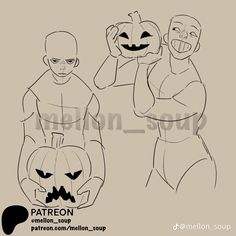 two cartoon characters with pumpkins on their hands