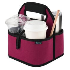 a pink lunch bag with two cups in it