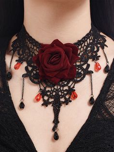 Halloween Gothic Lolita Red Rose Rose Lace Clavicle Necklace Gothic Red Necklace For Cosplay, Red Gothic Necklace For Cosplay, Red Gothic Jewelry For Halloween, Gothic Red Jewelry For Halloween, Gothic Black Costume Accessories As Gift, Red Gothic Jewelry For Party, Punk Red Necklace For Halloween, Gothic Jewelry For Cosplay On Valentine's Day, Gothic Necklaces For Halloween Costume Party