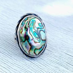 Abalone shell stering ring – Seaside Harmony Jewelry Ocean Hues, Vitreous Enamel, Sea Snail, Paua Shell, Abalone Shell, Copper Jewelry, Sterling Ring, Handmade Silver, Statement Rings