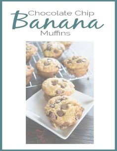 chocolate chip banana muffins on a plate with the title in the middle and bottom