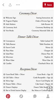 the menu for a wedding reception is shown in this screenshote screen graber