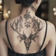 Deer Skull Tattoo Vector Art Stag Back Tattoo, Deer Spine Tattoo, Deer Skull Back Tattoo, Deer Skull With Flowers Tattoo, Stag Skull Tattoo, Elk Skull Tattoo, Owl Back Tattoo, Unique Sternum Tattoo Women, Deer Tattoos For Women