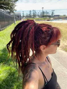 Dreadlocks red hair bangs dread pony Dark Red Dreadlocks, Dreadlocks With Bangs, Future Dreads, Red Hair Bangs, Red Dreadlocks, Red Hair With Bangs, Red Dreads, Brown Dreads