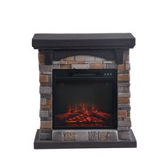 an electric fireplace with red flames on the side and brick surround it's sides