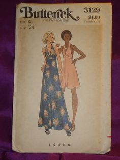 SALE - 25% OFF THE PURCHASE OF THREE OR MORE PATTERNS - AND FREE U.S.A. SHIPPING WITH A $35.00 PURCHASE UP TO 3 (THREE) PATTERNS SHIP TO CANADA* FOR THE 1ST SHIPPING FEE BRAND and PATTERN # - Butterick #3129 DATE - circa 1973 Copyright CONDITION - Very good used, all original cut tissue pieces and instructions included.  The skirt pieces are cut to the mini length and the cut-off extensions for the evening length ARE INCLUDED. SIZE - Misses 12 MEASUREMENTS - USA - Bust 34 Inches Waist 26 ½ Hip 3 Butterick Patterns Vintage, Simple Dress Pattern, Sleeve Variations, Tie Pattern, Butterick Pattern, Sailor Collar, Miss Dress, Sewing Pattern Sizes, Contrast Collar