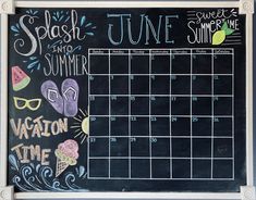 a chalkboard calendar on the side of a wall that says splash into summer vacation time