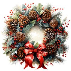 a christmas wreath with pine cones and red ribbon