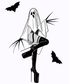 a black and white drawing of a woman in high heels with bats flying around her