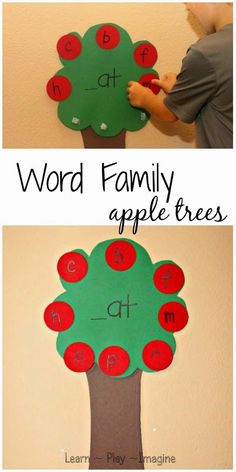 two pictures with the words word family and an apple tree on them, one is cut out