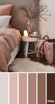 a bedroom with pink and brown tones in the color scheme, including bed linens