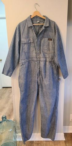 Sanforized Herringbone Pinstripe Denim Paul Bunyan Coveralls. Old Coveralls or overalls in excellent pre-owned condition. Very clean. Scovill double brass zipper and steel rivets. Union Made in the USA. Elastic is still in great condition. Measurements: Waist 46 around Armpit to armpit 23 wide Inseam 30 inches Pictures are of actual item and are true to the color.  My grandpa wore one all the time as an airplane mechanic in the WW2 and later as a farmer. These are authentic.  No stains anywhere Airplane Mechanic, Denim Coverall, Union Made, Vintage Denim, Denim Button Up, Herringbone, Button Up Shirts, Overalls, Zipper