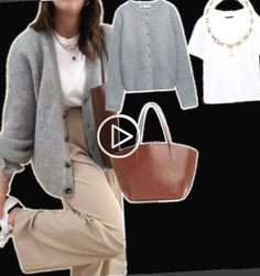 a woman wearing beige pants, white shirt and grey cardigan sweater with matching handbag