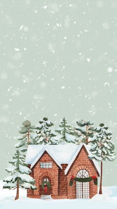 a house in the snow with christmas wreaths on it's roof and trees