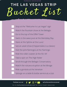 the las vegas strip bucket list is shown in purple and black with green lettering on it