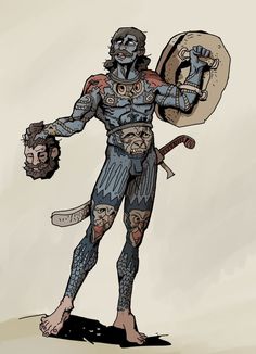 a drawing of a man in armor holding a shield and two swords with both hands