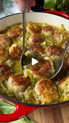 a person is spooning some food into a red pan with green vegetables and meatballs