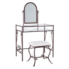 a vanity with a mirror and stool on it's side, against a white background