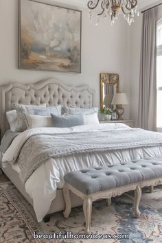 a bedroom with a bed, chandelier and paintings on the wall above it