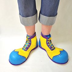 "Clown Shoes with Bubble toe, Wingtip pattern and brogueing  Handcrafted to order in London Genuine leather: upper is made of cowhide leather in Yellow and Blue with Purple trims  OTHER COLOURS ARE AVAILABLE UPON REQUEST. Full leather lining. The Bubble toe is extended approximately 1.5-2\"inches from the end of the toes, with a width of approx. 5-6\"inches depending on the shoe size. The bubble is formed around the inside shoe that is custom-made to size. The shoes are lightweight, with a sprin Clown Shoes, Inside Shoes, The Bubble, Game Inspiration, Yellow Lace, Halloween Projects, Yellow And Blue, Yellow Blue, Cowhide Leather