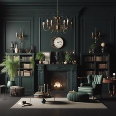 a living room filled with furniture and a fire place in front of a book shelf