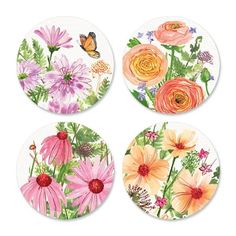 four coasters with flowers and butterflies on them