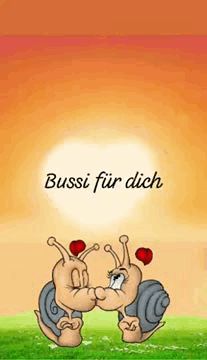 two snails kissing each other in front of an orange and pink sky with the words bussi fur dich