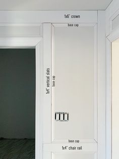 an empty room with white walls and black lettering on the door, which is labeled in three different languages