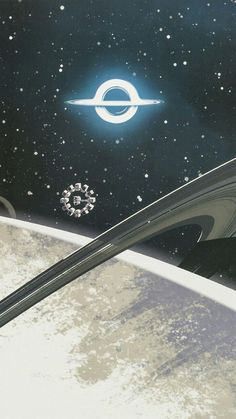 an artist's rendering of a space station in the sky with stars and planets around it