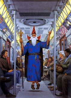 a painting of a man with a red hat and long beard on a subway train