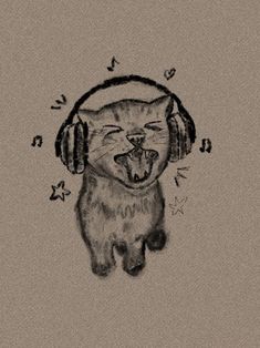 a drawing of a cat with headphones on