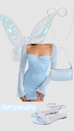 a woman in a blue dress with butterfly wings on her head and handbag next to shoes